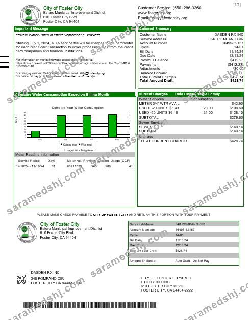 USA CITY OF FOSTER CITY business utility bill Word and PDF template